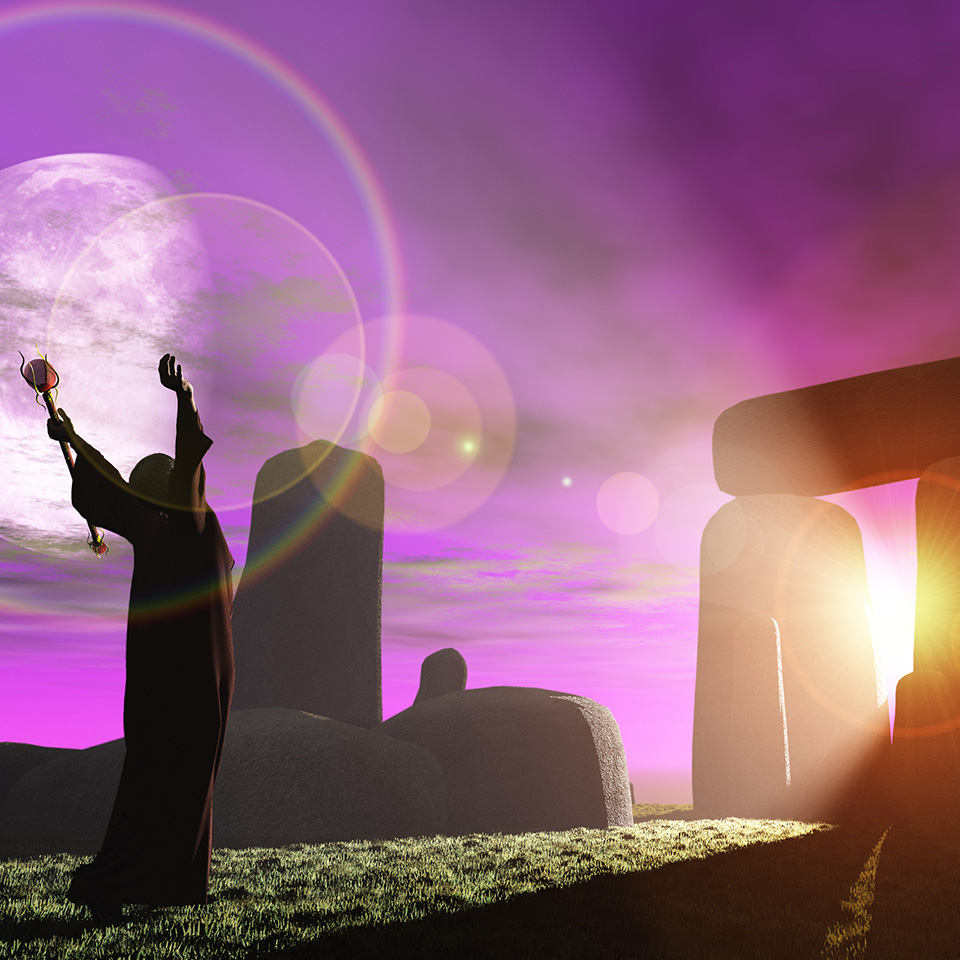 Fantasy render of Celtic druid bathing in sun rays shining through standing stones at Stonehenge