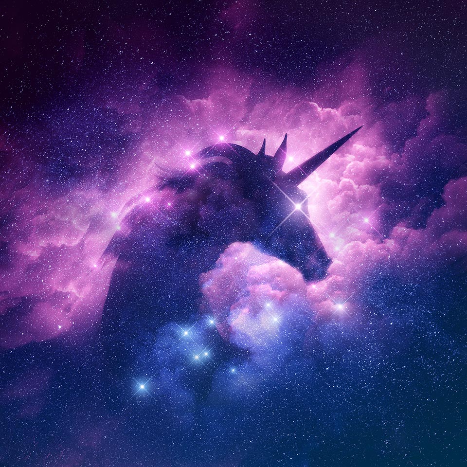 A silhouette of a unicorn in a galaxy nebula cloud